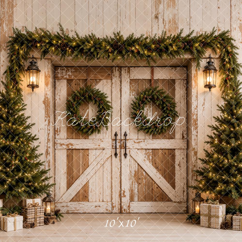 Kate Christmas Barn Doors Vintage Evergreen Trees Garland Printed Backdrop Designed by Emetselch
