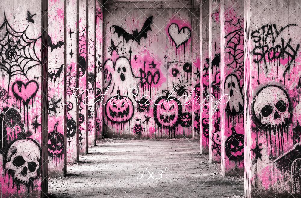 Kate Halloween Pink Graffiti Haunted Hallway Printed Backdrop Designed by Ashley Paul
