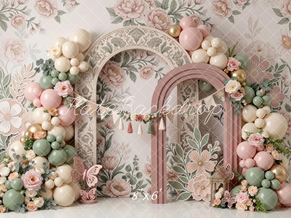 Kate Cake Smash Garden Flower Arch Balloon Floral Printed Backdrop Printed Backdrop Designed by Mini MakeBelieve