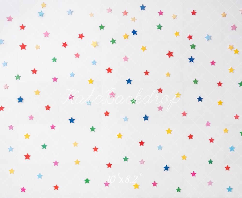 Kate Colorful Star Confetti White Printed Backdrop Designed by Emetselch