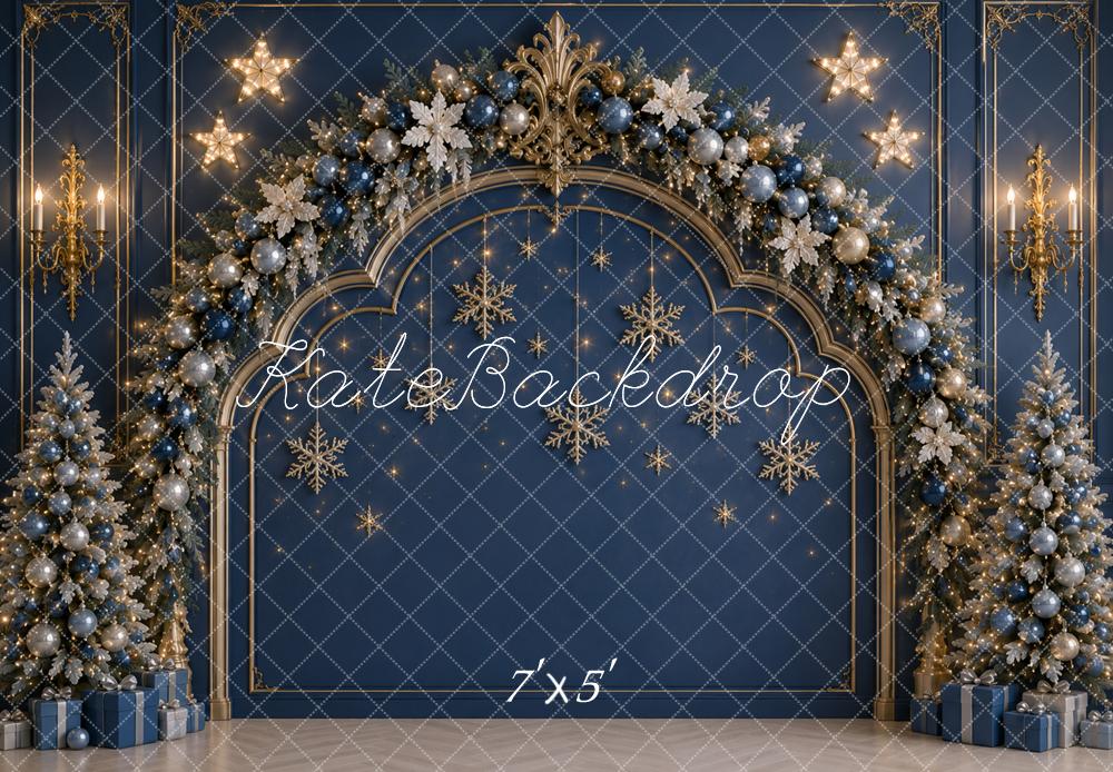 Kate Christmas Headboard Blue Gold Snowflake Tree Arch Printed Backdrop Designed by Caitlin Lynch