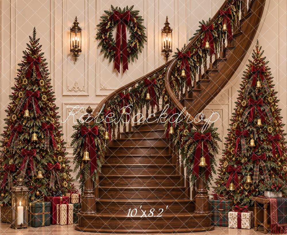 Kate Christmas Staircase Trees Wreaths Gifts Printed Backdrop Designed by Emetselch