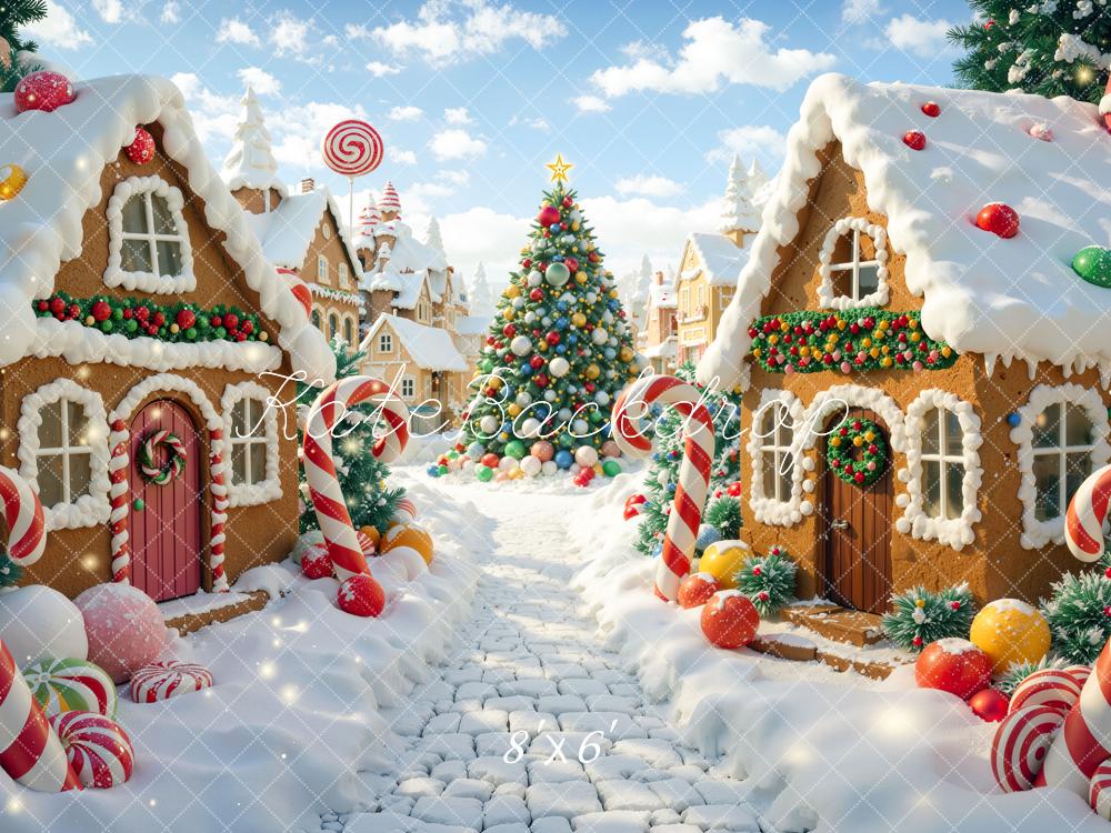 Kate Christmas Gingerbread Houses Village Candy Cane Christmas Tree Printed Backdrop Designed by Mini MakeBelieve