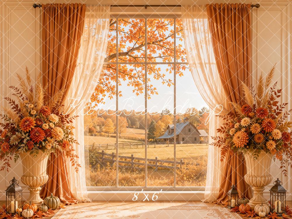 Kate Fall Cozy Window Farm Orange Curtains Pumpkins Floral Printed Backdrop Designed by Emetselch