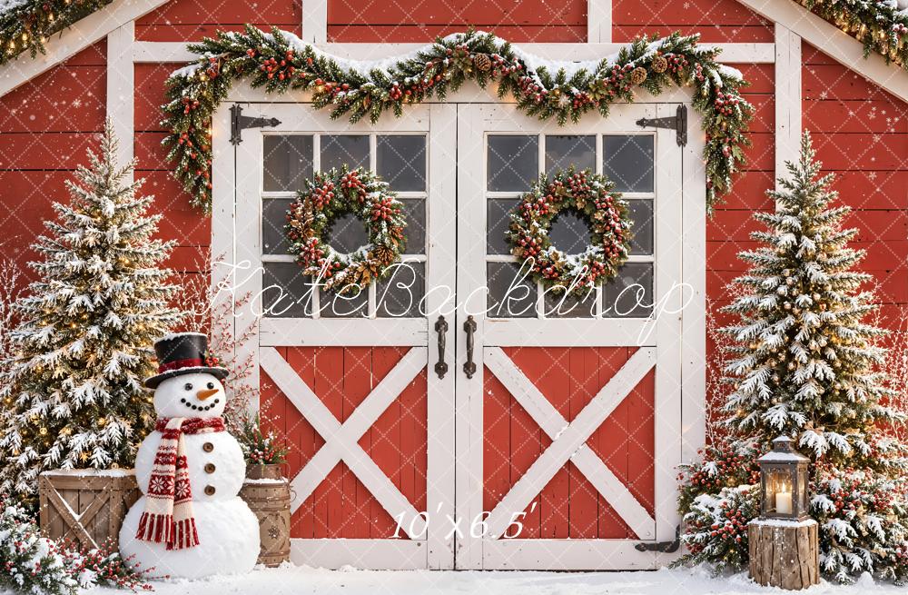 Kate Christmas Red Barn Snowman Pine Trees Printed Backdrop Designed by Emetselch
