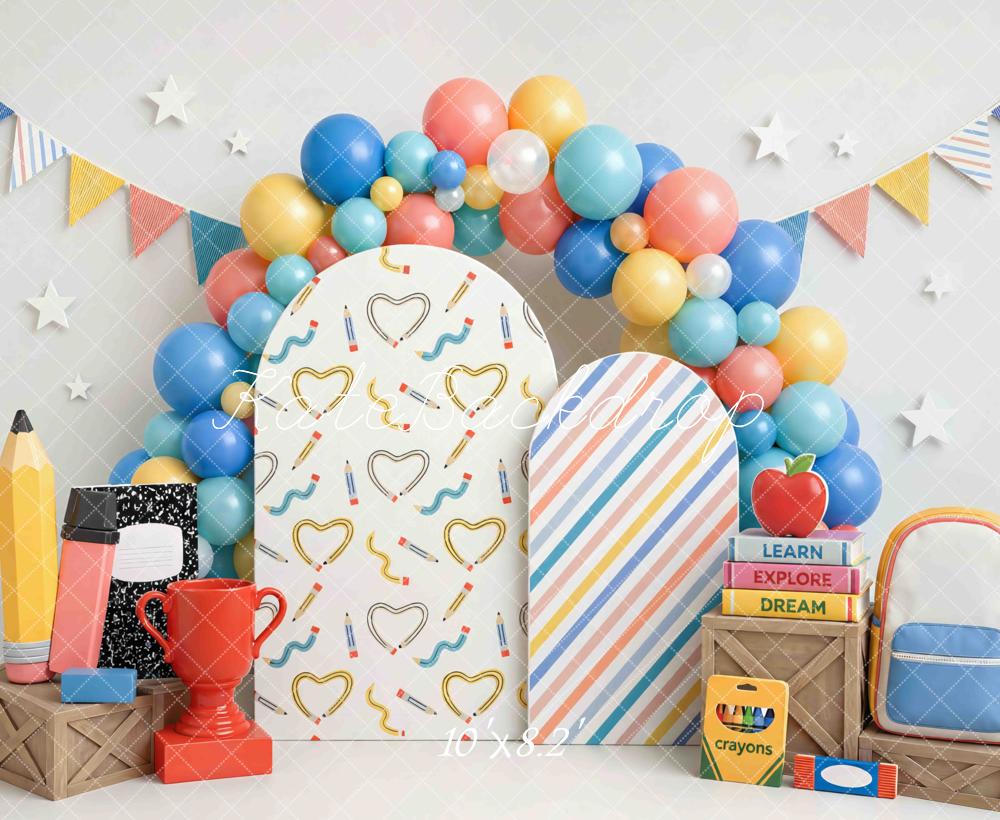 Kate Back to School Balloons Pencil Books Arch Garland Printed Backdrop Designed by Mini MakeBelieve