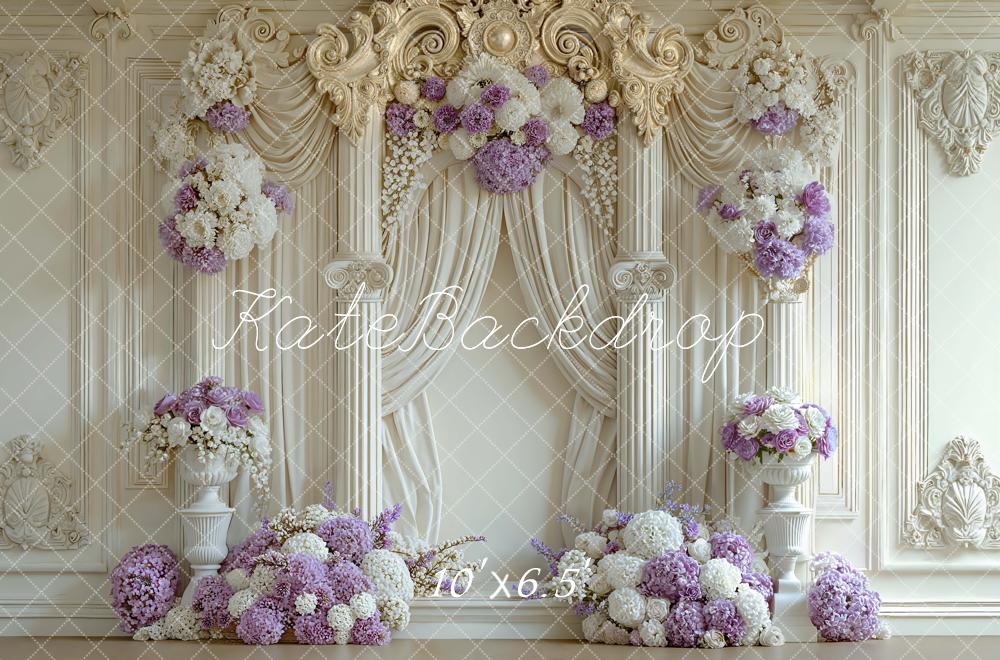 Kate Spring Flower Arch White and Purple Drapes Columns Printed Backdrop Designed by Mini MakeBelieve