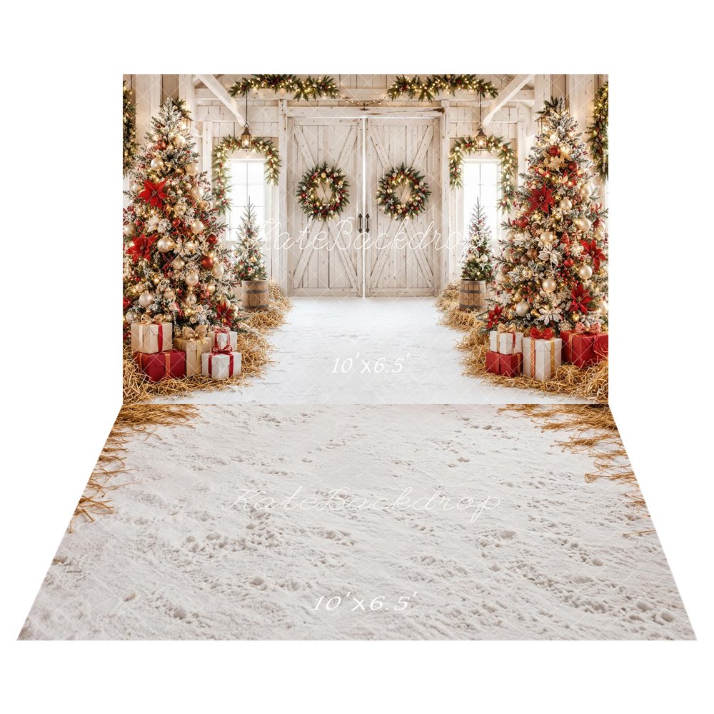 Kate Christmas Rustic White Barn Trees Wreaths Gifts Snow Printed Backdrop+Winter Snow Hay Floor Backdrop Printed Backdrop