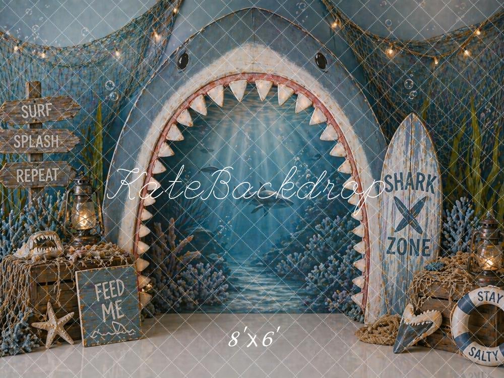 Kate Nautical Shark Mouth Ocean Surfboard Blue Printed Backdrop Designed by Caitlin Lynch