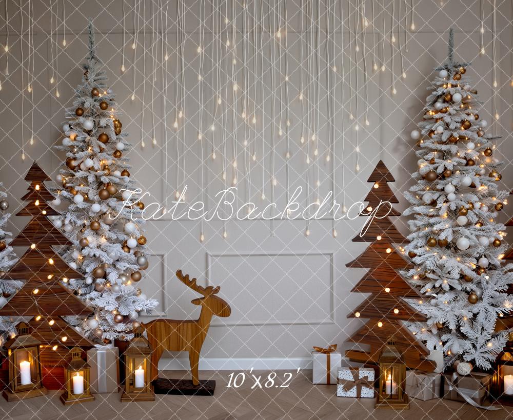 Kate Christmas Trees Wooden Reindeer Lanterns Printed Backdrop Designed by Fantasyphotoart