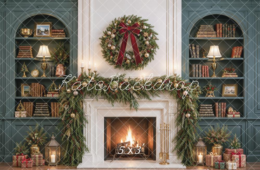 Kate Christmas Fireplace Bookshelves Wreath Gifts Printed Backdrop Designed by Emetselch