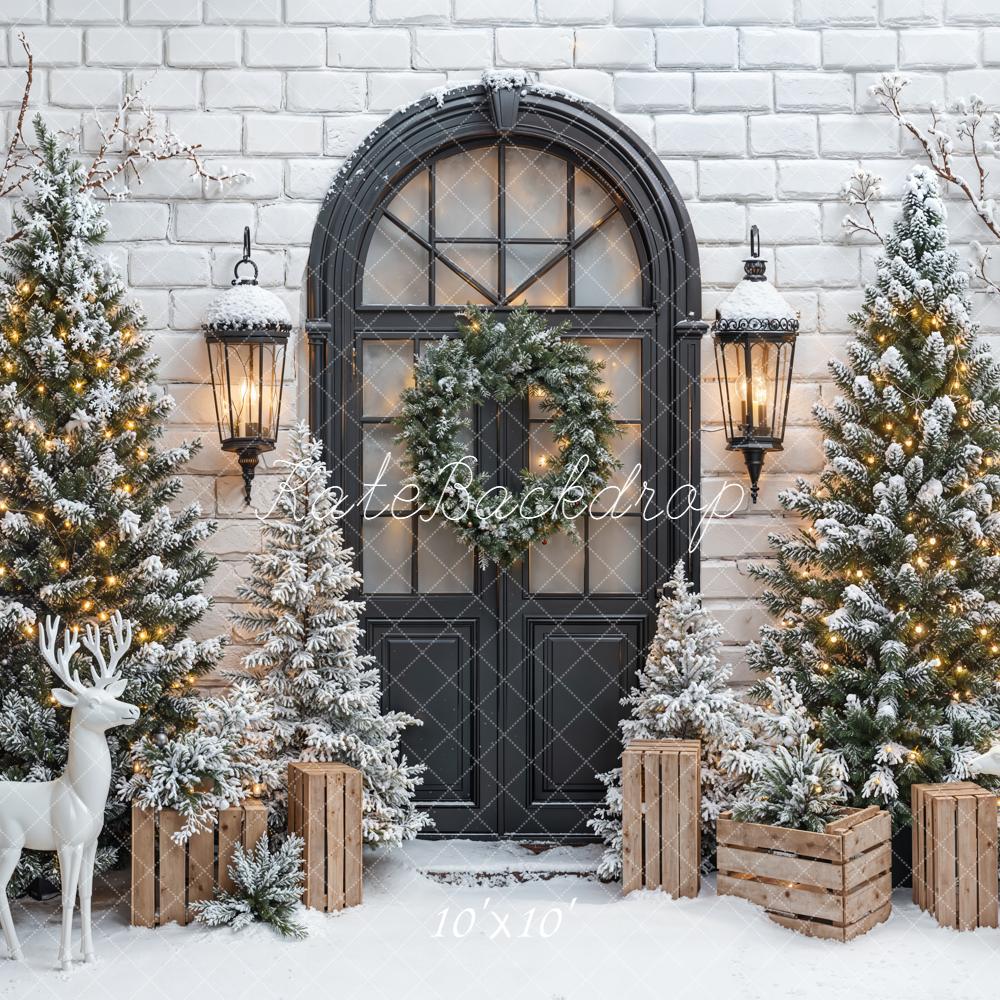 Kate Christmas Snowy Pine Trees Wreath Reindeer Black Door Backdrop Designed by Emetselch