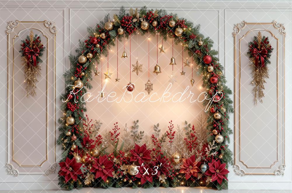 Kate Christmas Arch Ornaments Poinsettias Retro Wall Printed Backdrop Designed by Mini MakeBelieve