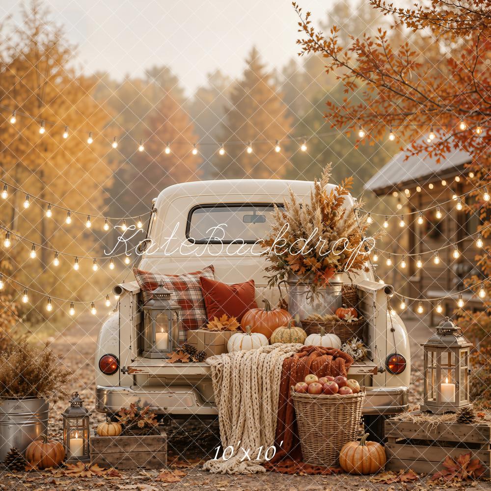 Kate Fall Vintage Truck Pumpkin Cozy Floral String Lights Printed Backdrop Designed by Emetselch