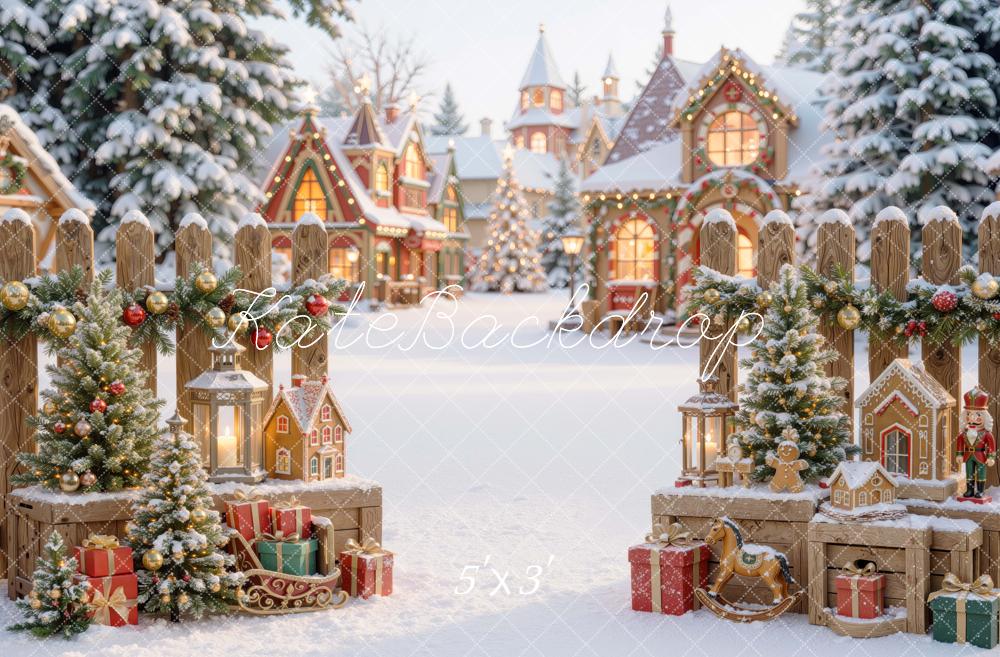 Kate Christmas Snowy Village Gingerbread Houses Printed Backdrop Designed by Mini MakeBelieve