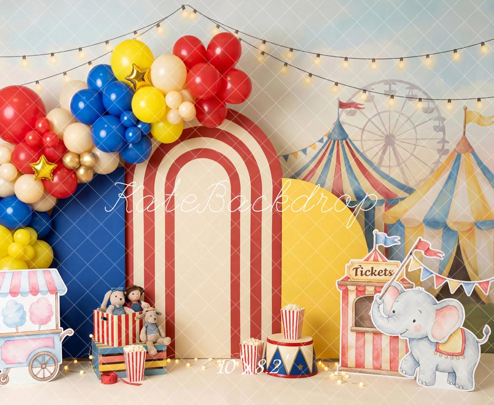 Kate Circus Carnival Tents Balloons Popcorn Elephant Printed Backdrop Designed by Patty Roberts