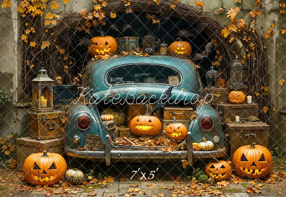Kate Halloween Vintage Blue Car Pumpkins Lanterns Leaves Backdrop Designed by Emetselch
