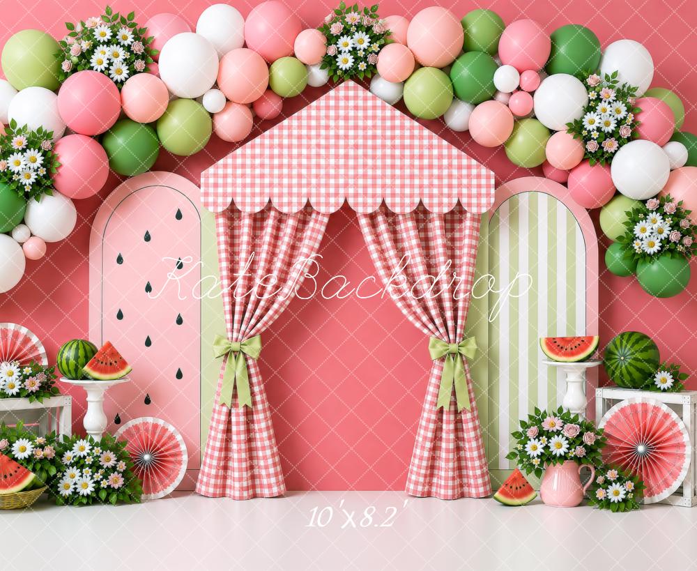 Kate Cake Smash Summer Watermelon Balloon Flowers Gingham Curtain Printed Backdrop Designed by Shutter Swan Studios