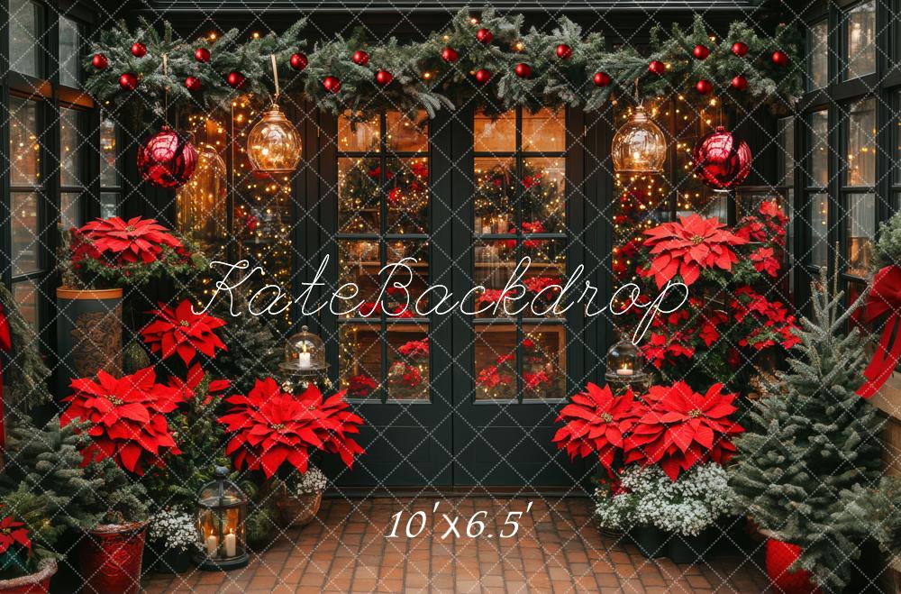 Kate Christmas Greenhouse Poinsettias Garland Lanterns Backdrop Designed by Mini MakeBelieve