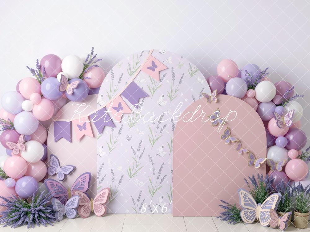 Kate Birthday Pastel Purple Balloon Arch Butterfly Lavender Panels Printed Backdrop Designed by Mini MakeBelieve