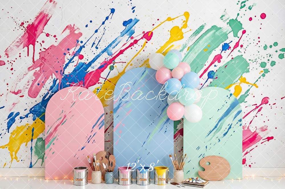 Kate Party Paint Splatter Art Pastel Panels Balloons Printed Backdrop Designed by Patty Roberts