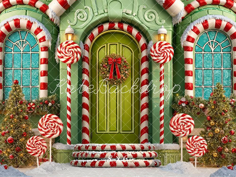 Kate Christmas Candy Cane House Green Door Lollipop Snow Backdrop Designed by Emetselch