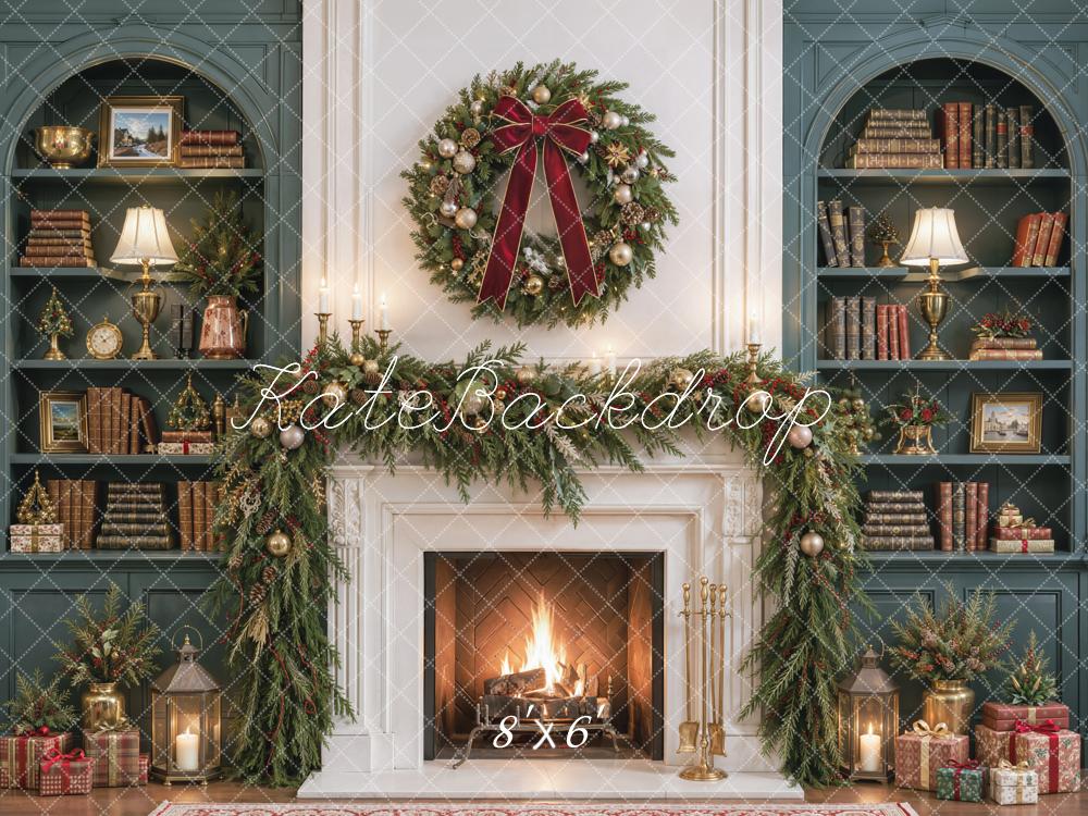 Kate Christmas Fireplace Bookshelves Wreath Gifts Printed Backdrop Designed by Emetselch