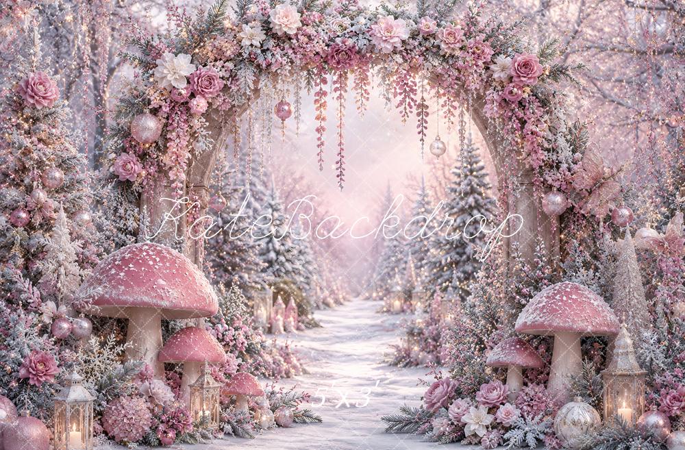 Kate Winter Wonderland Mushrooms Pink Floral Arch Snowy Forest Printed Backdrop Designed by Ashley Paul