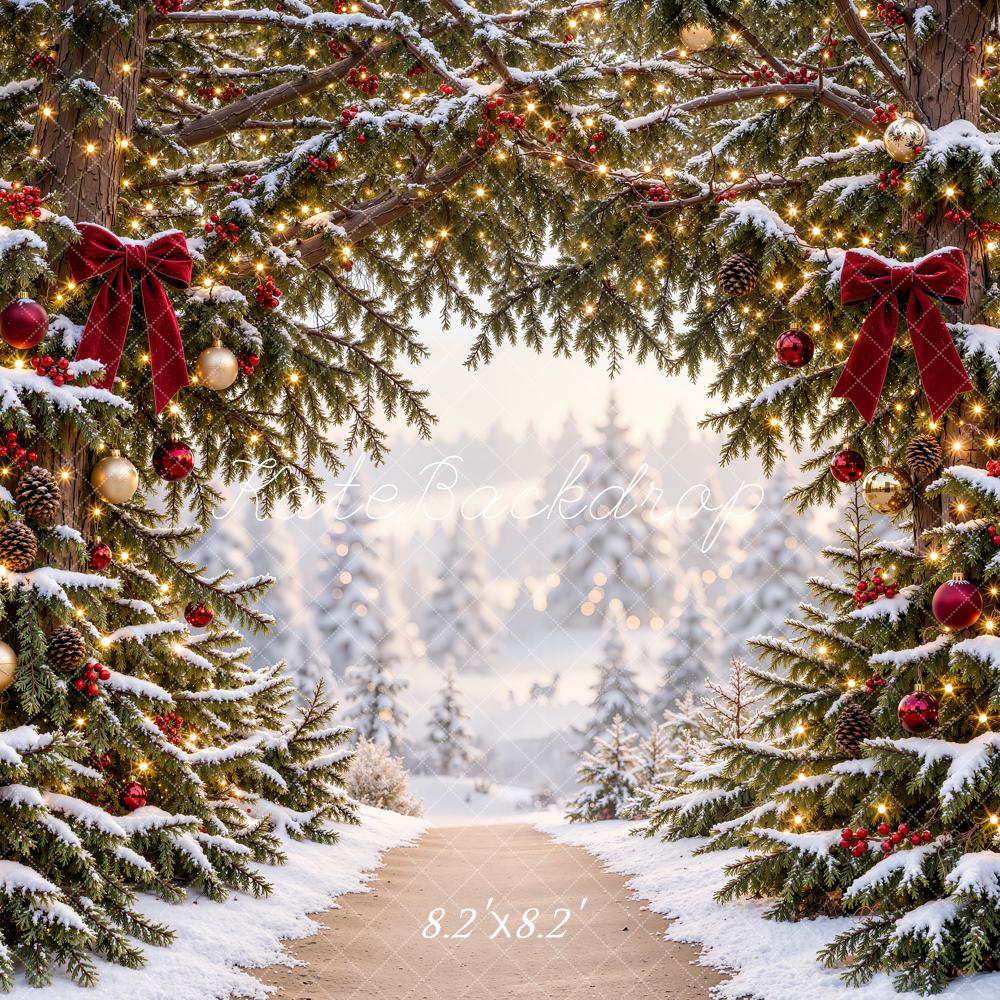 Kate Christmas Trees Snowy Pine Arch Forest Path Printed Backdrop Designed by Emetselch