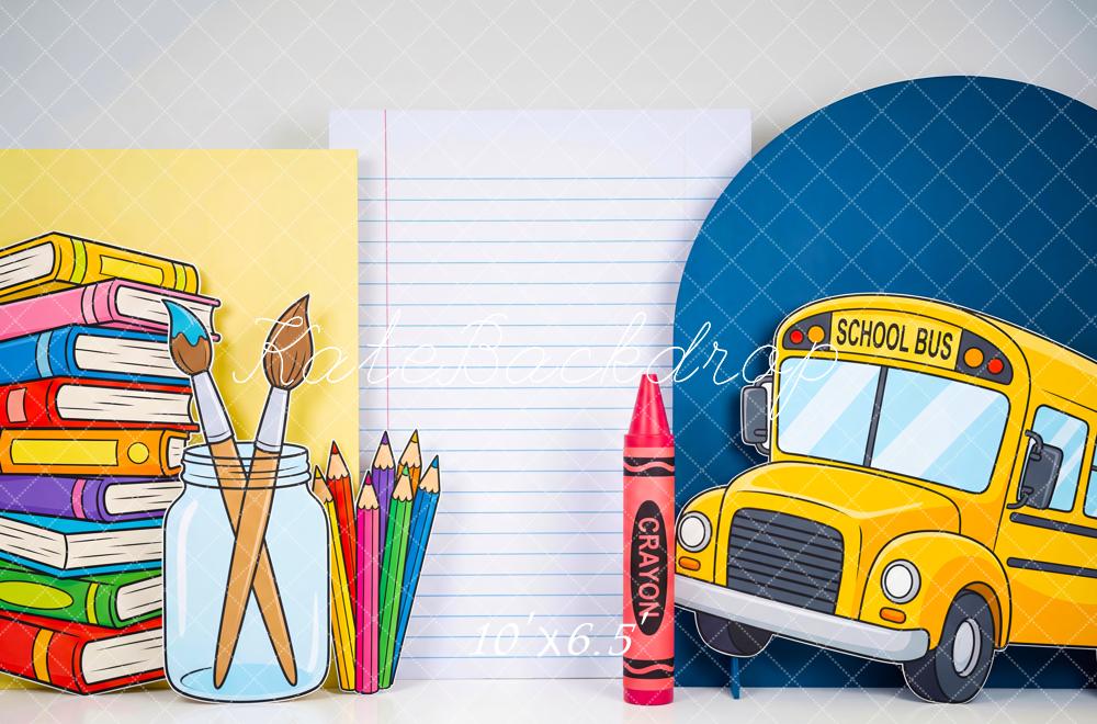 Kate Back to School School Bus Books Art Supplies Crayon Printed Backdrop Designed by Patty Roberts