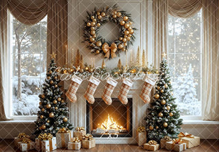 Kate Christmas Fireplace Wreath Gold Trees Stockings Snowy Window Printed Backdrop Designed by Mini MakeBelieve