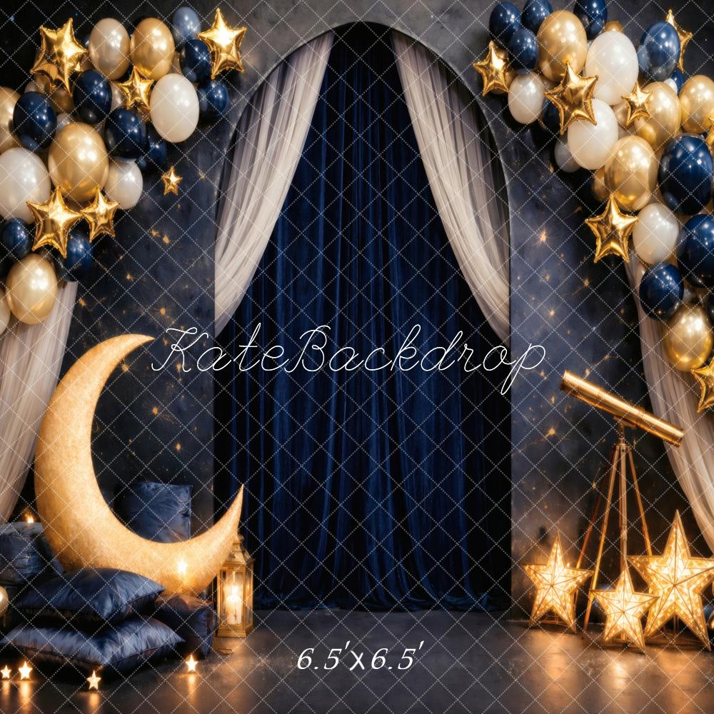 Kate Birthday Moon Stars Balloons Night Sky Curtain Printed Backdrop Designed by Vertigo Productions