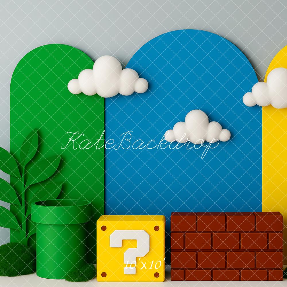 Kate Birthday Game Clouds Green Pipes Block Brick Backdrop Designed by Patty Roberts