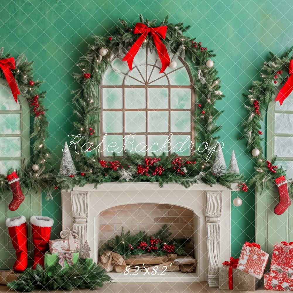 Kate Christmas Fireplace Garland Stockings Red Bows Backdrop Designed by Patty Roberts