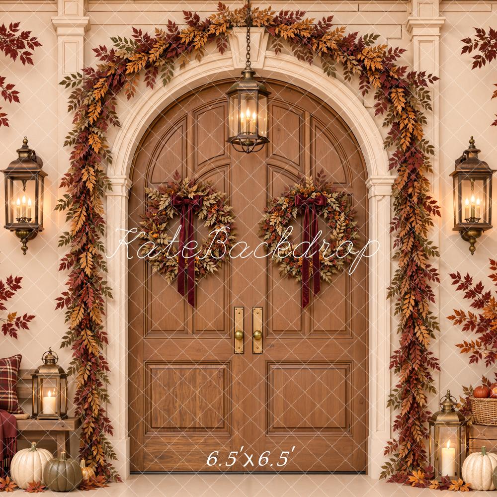 Kate Fall Arched Door Pumpkin Garland Lanterns Printed Backdrop Designed by Emetselch