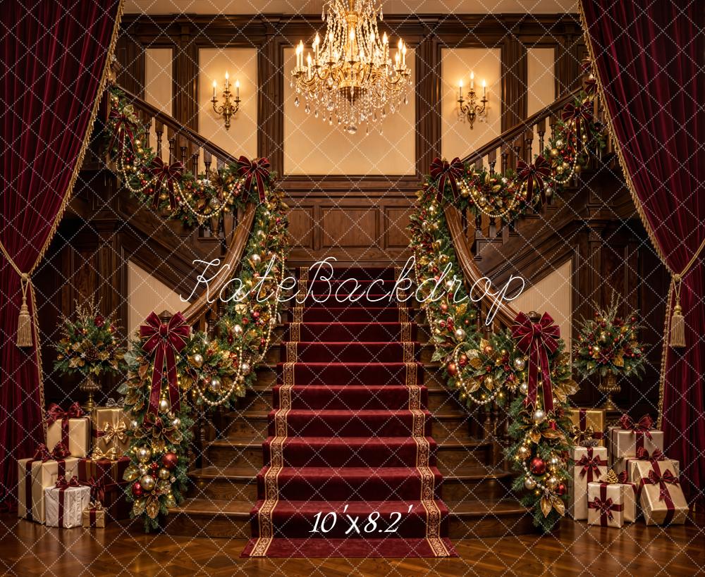 Kate Christmas Grand Staircase Chandelier Garland Red Curtains Printed Backdrop Designed by Emetselch