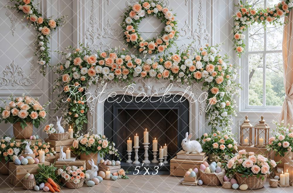 Kate Easter Bunny Floral Fireplace Pastel Eggs Backdrop Designed by Mini MakeBelieve