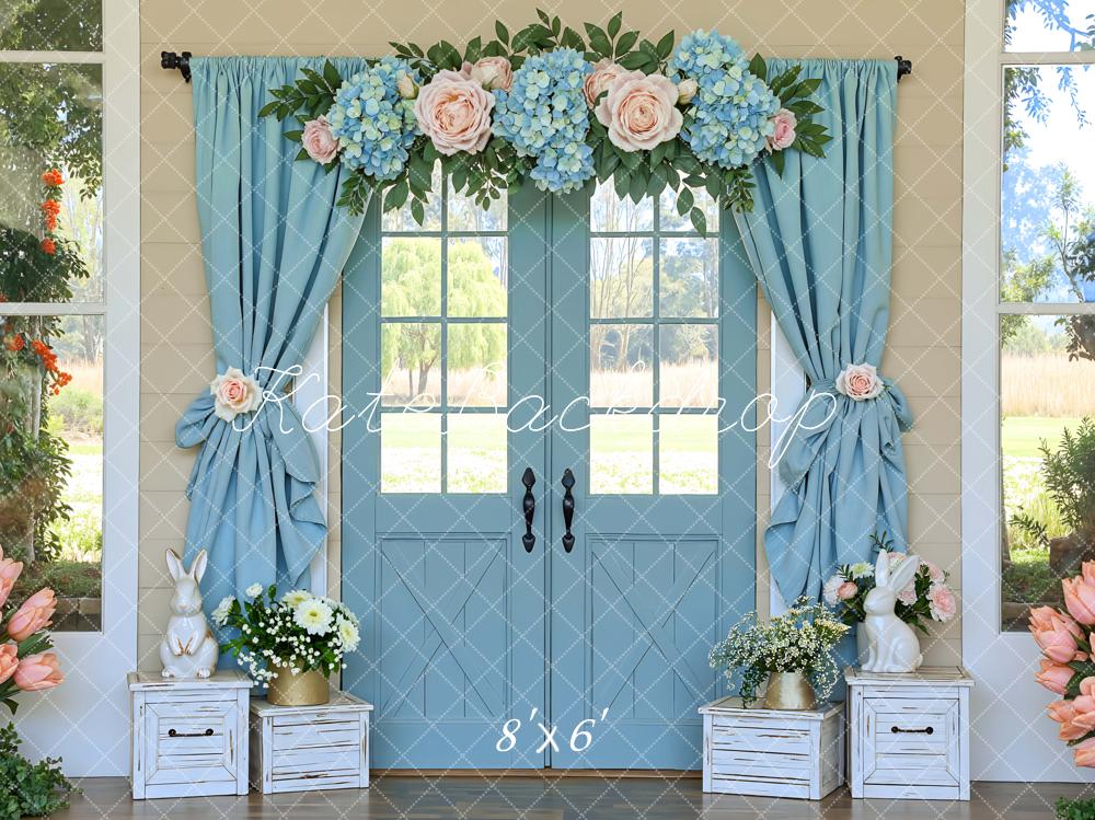 Kate Spring Bunny Blue Door Flower Arch Printed Backdrop Designed by Mini MakeBelieve