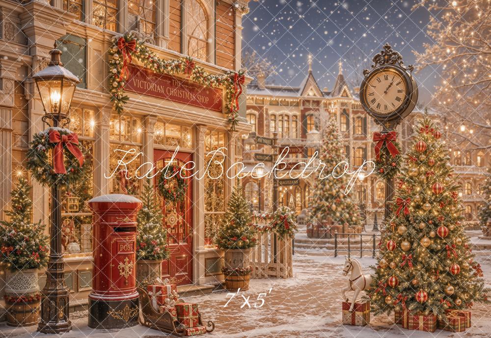 Kate Christmas Victorian Street Clock Lamp Post Christmas Tree Gifts Printed Backdrop Designed by Emetselch