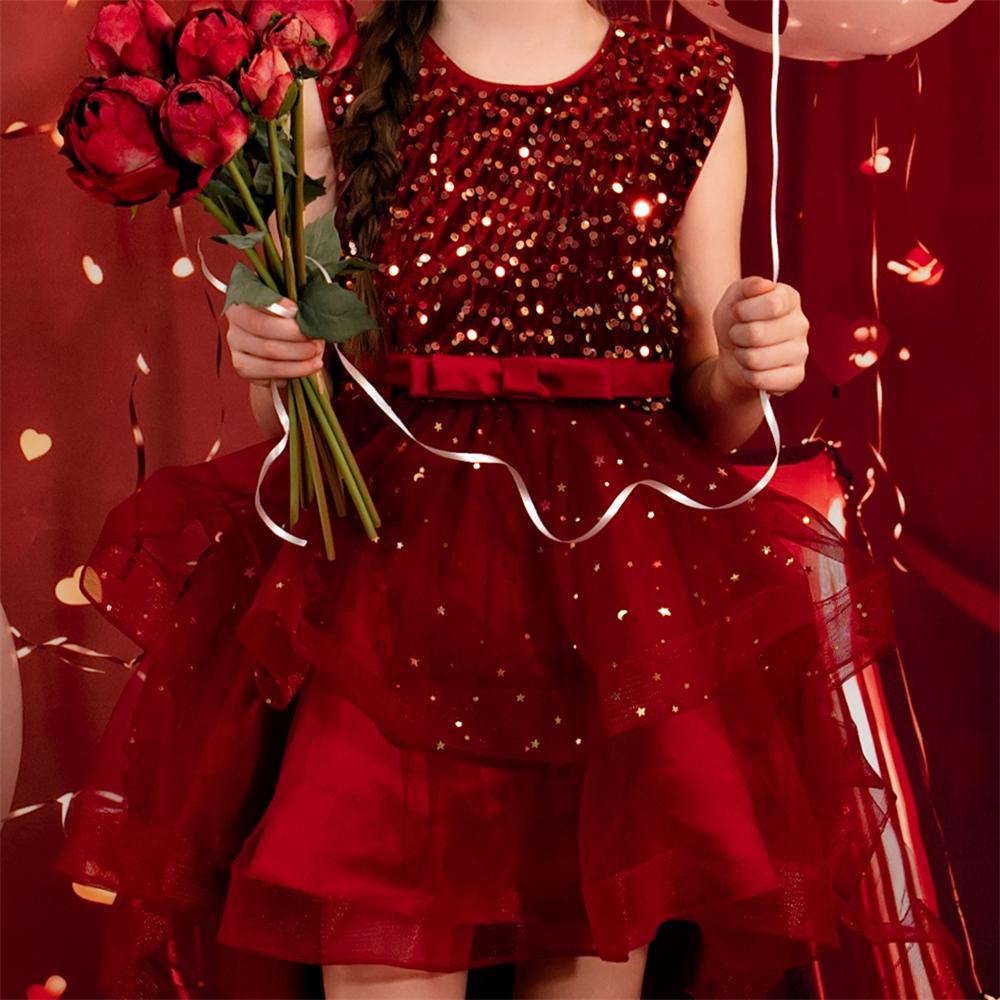 Couture Velvet Roze Sequin Strik Schouder Meisjesjurk voor Fotografie