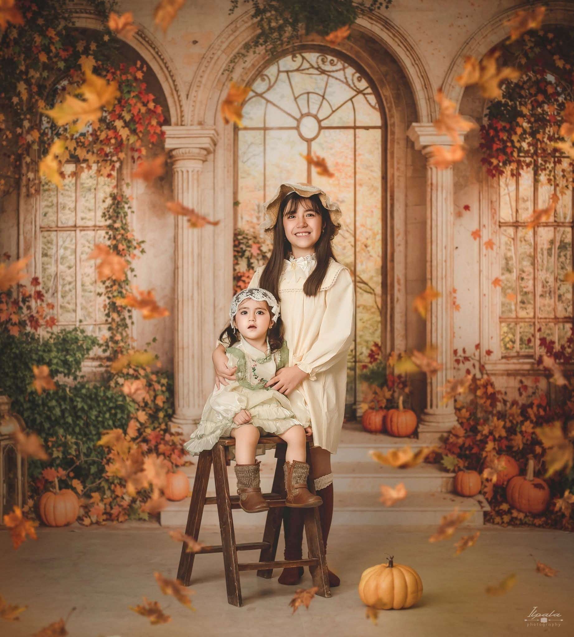 Kate Fall Retro Arch Maple Leaves Pumpkin Backdrop Designed by Emetsel