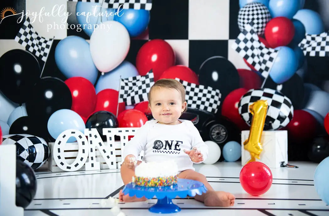 Kate Birthday Race Car Checkered Flag Balloon Cake Smash Printed Backdrop for Photography