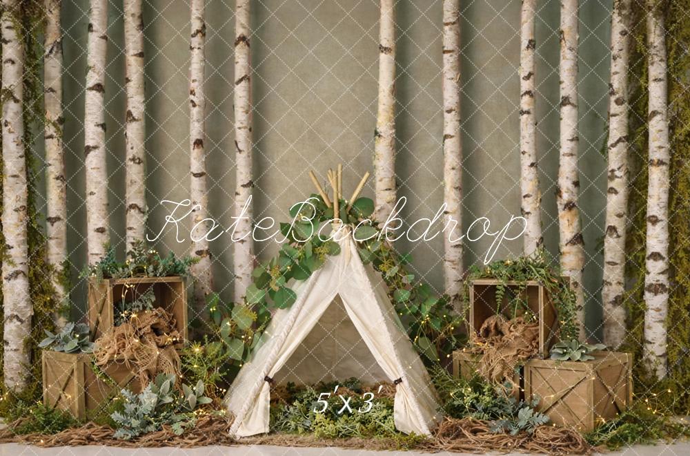 Kate Camping Forest Birch Trees Crates Teepee Printed Backdrop Designed by Mandy Ringe Photography