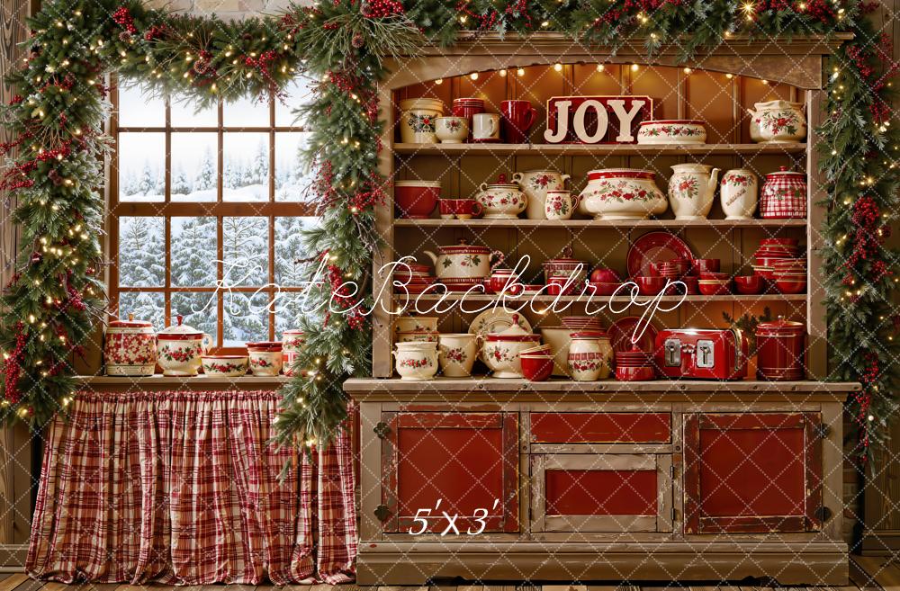 Kate Christmas Kitchen Cabinet Window Garland Cups Dishes Printed Backdrop Designed by Emetselch