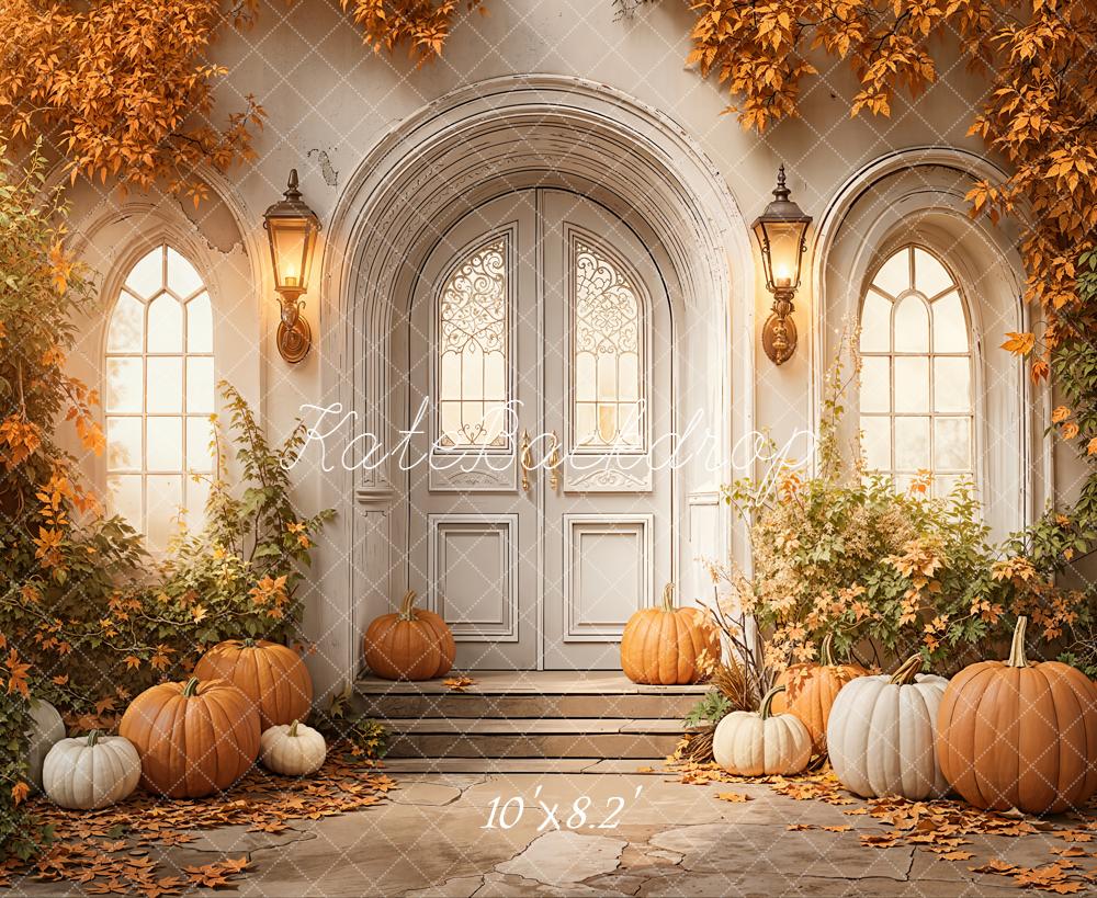 Kate Fall Pumpkins Front Door Arch Leaves Backdrop Designed by Emetselch