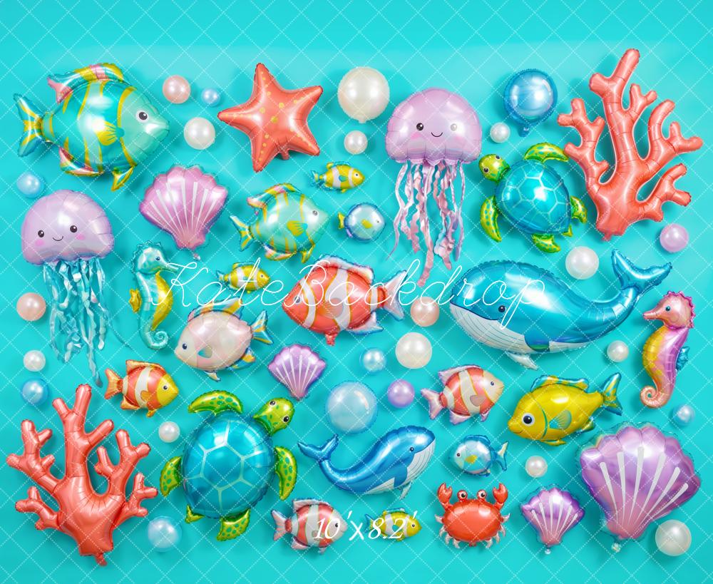 Kate Under the Sea Fish Turtle Shell Coral Balloons Blue Printed Backdrop Designed by Patty Roberts