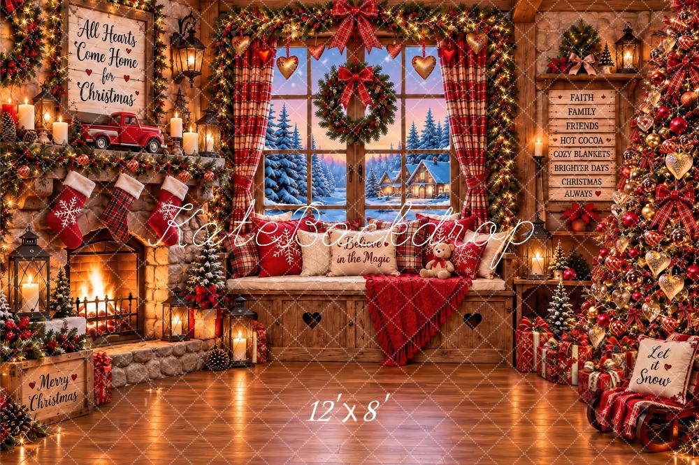 Kate Christmas Rustic Cabin Fireplace Window Wreath Trees Printed Backdrop Designed by Laura Bybee