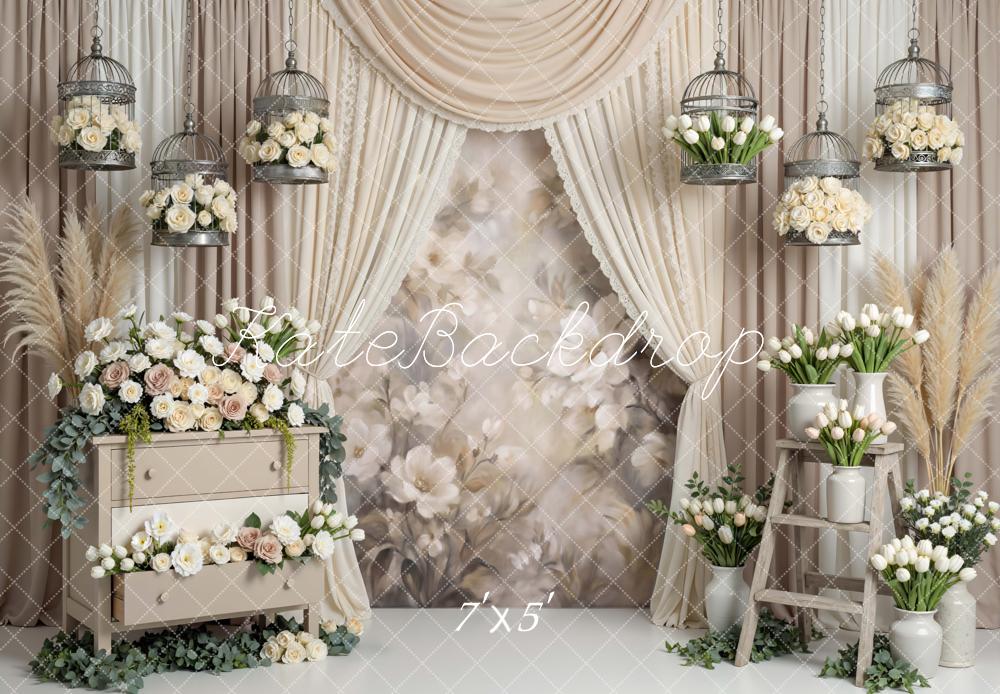 Kate Spring Floral Curtain Dresser Ladder Birdcage Beige Backdrop Designed by Mini MakeBelieve