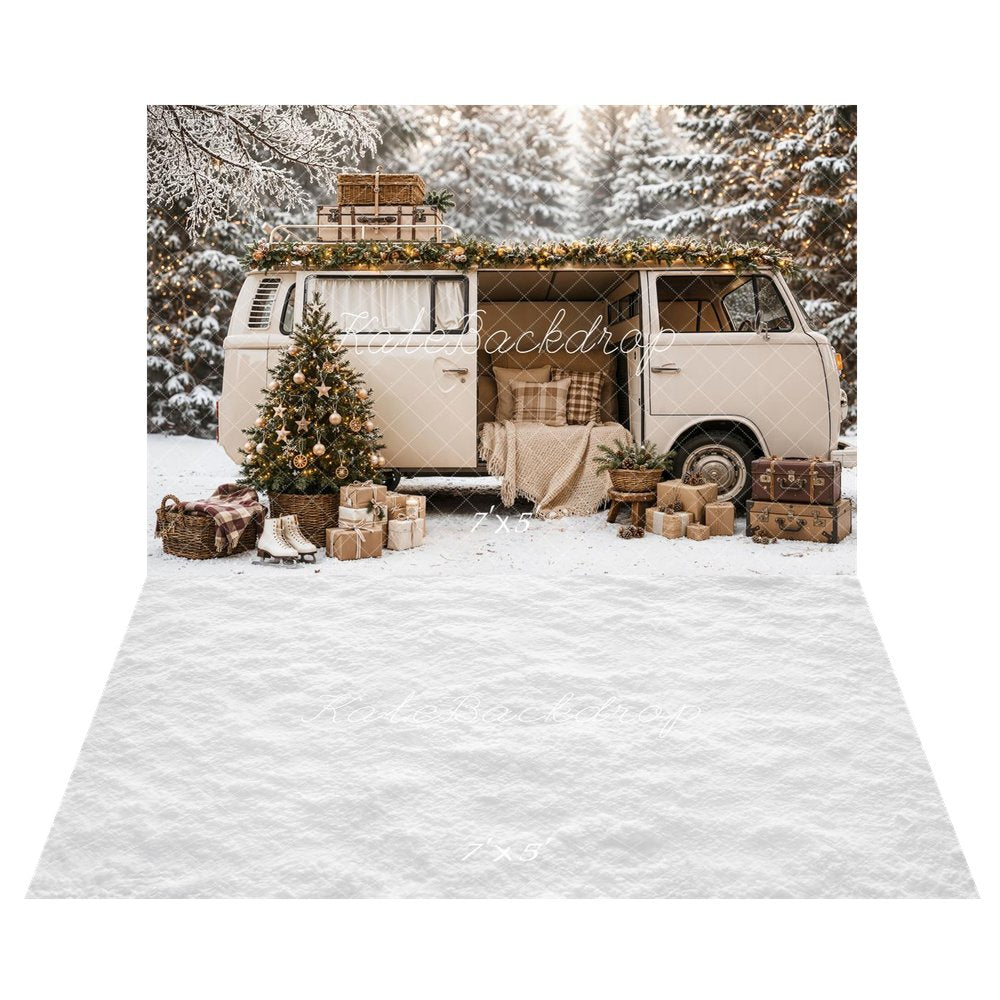 Kate Christmas Tree Camper Van Snowy Forest Gifts Printed Backdrop+White Snow Floor Printed Backdrop