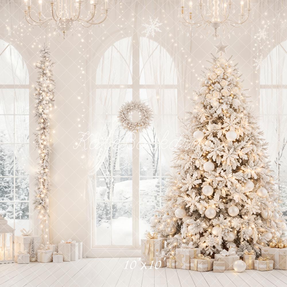 Kate White Christmas Tree Gifts Windows Wreath Lantern Printed Backdrop Designed by Emetselch